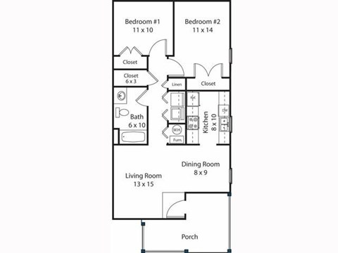 A floor plan of a house with two bedrooms, a living room, a dining room, a kitchen, a bathroom, a porch, and closets.